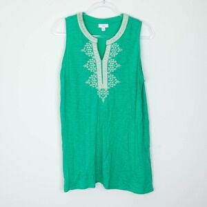 J‎ Jill Womens Sleeveless Embroidered Knit Tunic Top Size L Green Boho Lagenlook